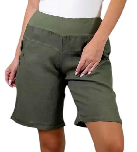 Mississhop 276 Damen Leinenshorts Bermuda – Elegante Sommerhose aus 100% Leinen, Oliv XXL - Damen-Shorts aus 100% Leinen, luftig und bequem mit elastischem Bund und seitlichen Taschen – ideal für Freizeit und elegante Anlässe.