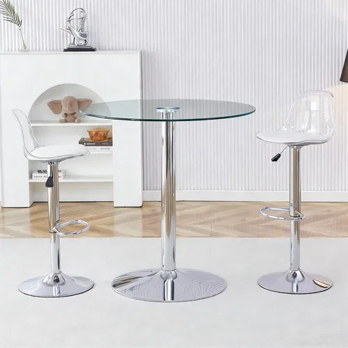 STILVORA Rundtisch-Set mit Glastisch und 2 Hockern - Silber - Modernes Bar-Set mit einem 89 cm großen Glastisch und 2 höhenverstellbaren Barhockern aus transparentem Acryl. Ideal für Küche, Essbereich oder Büro und einfach zu reinigen.