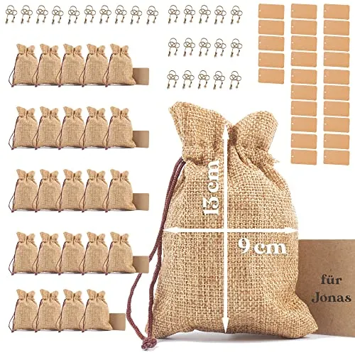 Klein Jutebeutel 25x 13x9cm Säckchen mit Kordelzug + Karten | Hochzeiten und Party Nachhaltig DIY Handwerk Tasche Mitbringsel | Stoffbeutel für Kindergeburtstage Weihnachte 190g/m2