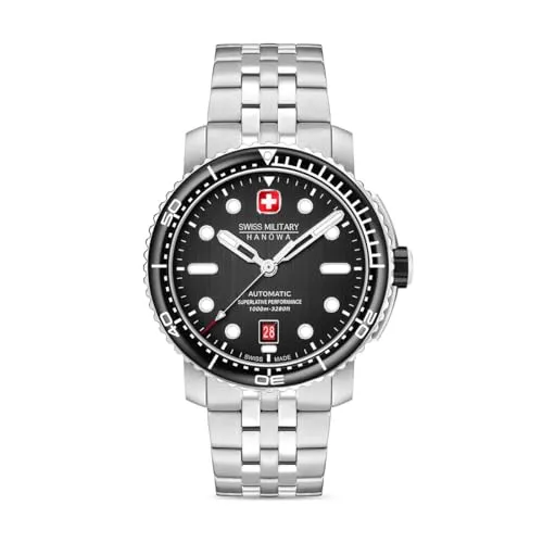 SWISS MILITARY HANOWA MAITRE PLONGEUR - Herrenarmbanduhr - Elegante Herrenuhr mit 44,5 mm Edelstahlgehäuse, 10 ATM wasserresistent, ideal für Schwimmen, und einem komfortablen Silikon-Metallarmband.