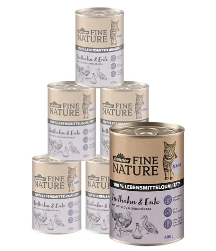 Dehner Fine Nature Katzenfutter für ältere Katzen, Nassfutter getreidefrei - Dosenfutter für Katzen, 100 % Lebensmittelqualität mit Distelöl und Taurin, ideal für die Gesundheit älterer Katzen und frei von künstlichen Zusätzen.