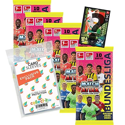 collect-it.de MY HOME OF CARDS + TOYS Exklusive Aufbewahrungshüllen im Bundle mit Topps Match Attax 2022/23-5 Booster + 1 seltene Nationalspieler Karte