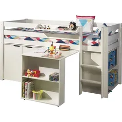 Kinderbett Karolina 90x200 cm aus Massivholz und MDF in Weiß - Modernes Spielbett Karolina mit stabiler Konstruktion. Liegefläche 90x200 cm, inkl. Schreibtisch und Regal. Ideal für kreative Kinderzimmergestaltung. Einfache Selbstmontage.