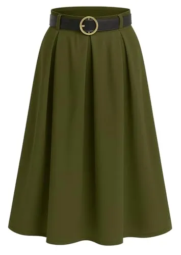 Mississhop 430 Damen A-Linien-Rock Eleganter Faltenrock mit Gürtel – mittellang Oliv
