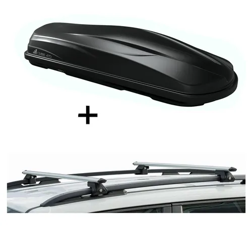 Dachbox CUBE470 mit Relingträger CRV135 für Mitsubishi Space Star I 98-01 - Gepäckträger Set mit 470 Liter Volumen und 75 kg Tragkraft, ideal für Urlaubsreisen. Sicheres Verstauen von Gepäck dank Zentralverriegelung und funktionalem Design.