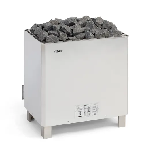 FinTec ARNE 12 kW Premium Elektro-Saunaofen aus Edelstahl - Hochwertiger Standofen für gewerbliche Saunen, 12 kW Leistung, kompatibel mit handelsüblichen Steuerungen und zwei getrennten Heizkreisen für präzise Temperaturkontrolle.