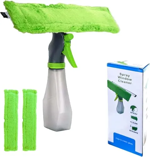 DYOUen 3 IN 1 200ml Fensterwischer mit Sprühfunktion, Fenster Putzen mit Sprühgerät, Abnehmbares Mikrofaser Fenster-Reinigungspad, Schwarz / Silberfarben, 25 x 5 cm