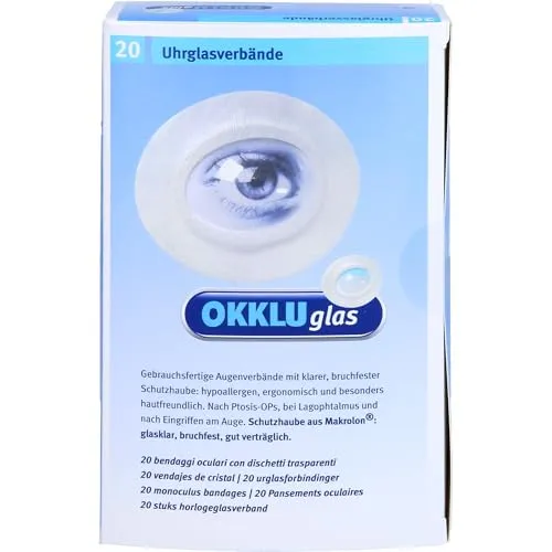 Okkluglas Uhrglasverband 20 ST - Kompressen & Verbände, gebrauchsfertiger Augenverband mit bruchfester Schutzhaube für optimalen Schutz nach Augenoperationen, hypoallergen und hautfreundlich.