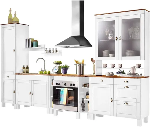 Home affaire Küchenzeile Oslo 350 cm - Küchenzeile mit Vitrinenaufsatz und Edelstahl-Einbauspüle, in modernem Weiß und honigfarbener Arbeitsplatte – ideal für stilvolles Kochen und Essen.