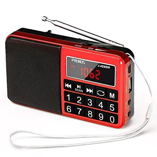 PRUNUS J-429 Kleines tragbares Radio, AM/FM/SW, wiederaufladbares Radio mit AUX/SD/TF/MP3-Lautsprecher, batteriebetriebenes Radio mit großen Tasten und großem Display. (Keine Unterstützung für
