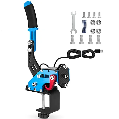 aikeec 64Bit USB Handbremse für PC mit Feste Basis, Einstellbare SIM Rennspiele PC Handbrake mit Hoher Präzision und Linearität für LO GITECH G25 G27 G29 G920 G923 THRUST MASTER T300, Blau+Klemme