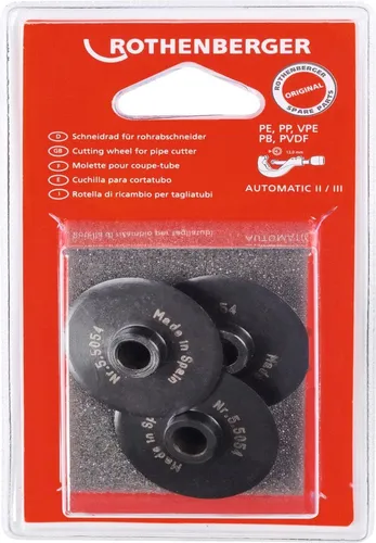 Rothenberger Schneidrad für ROCUT Rohrabschneider Automatik, 3 Stück - Schneidwerkzeug-Zubehör für präzise Rohrschneidungen aus Kunststoff, dank gehärtetem Stahl extrem langlebig und sorgt für rechtwinklige Schnitte.