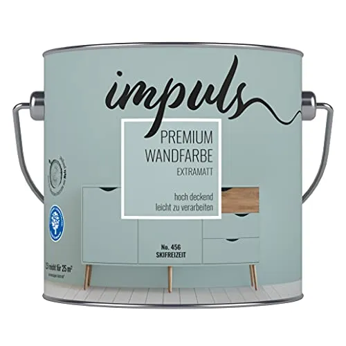 Impuls Premium Trend Wandfarbe 2,5L mint extramatt matt Farbe Innenfarbe Vintage Shabby Retro Innenwandfarbe hochdeckend Trendfarbe Wand- und Deckenfarbe (Skifreizeit)