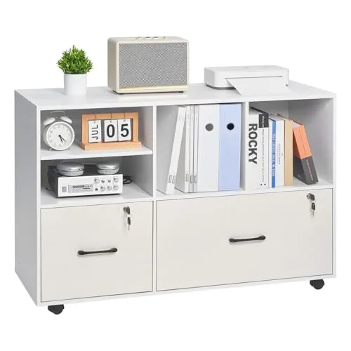 VEVOR Aktenschrank aus Holz mit 2 Schubladen – Mobiler Büroschrank in Weiß