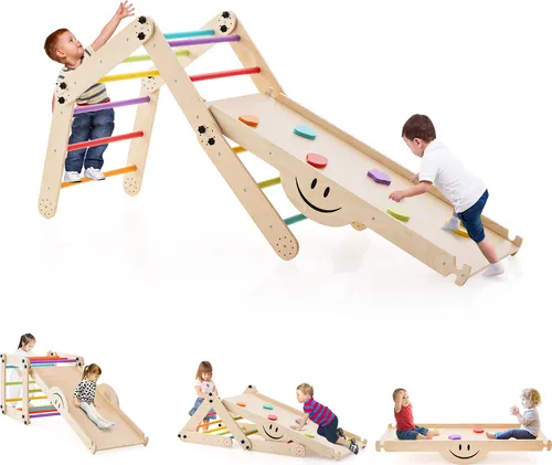 COSTWAY Klettergerüst, 5 in 1 indoor faltbar mit Rampe & Leiter bunt - Spielplätze: Vielseitiges Klettergerüst für drinnen, faltbar und ideal für Kinder ab 3 Jahren – fördert Motorik und Spielspaß!