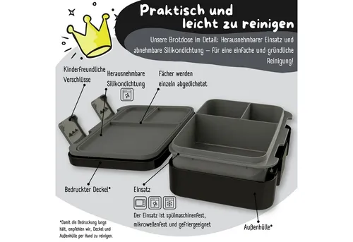 BEARFOOT Lunchbox Brotdose mit Fächern, leicht & auslaufsicher - schwarz, PP, ABS, Silikon, Kindergarten und Schule - Mädchen und Jungen, Vesperbox, Snackbox