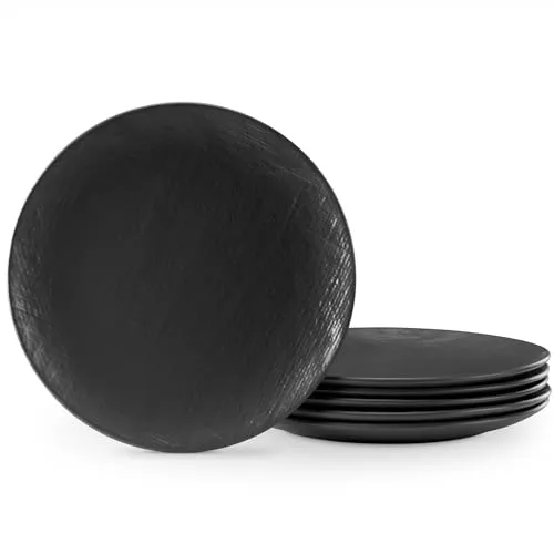 Linen Artisan Dinner Plates 27cm – 6-Piece Set in Charcoal Black - Speiseteller mit zeitlosem Design und texturiertem Webdesign, ideal für den täglichen Gebrauch und besondere Anlässe. Mikrowellen- und spülmaschinenfest, platzsparend stapelbar.
