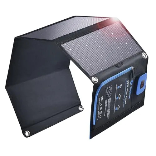 BigBlue 28W Tragbares Solar-Ladegerät - Handy-Solarladegeräte mit 2 Ports, IP44-wasserdicht und digitalem Amperemeter für sicheres und effizientes Laden bei Outdoor-Aktivitäten.