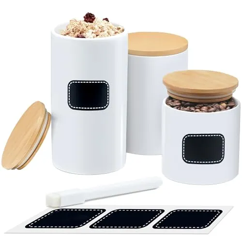 Praknu Keramikdosen mit Deckel Luftdicht Weiß - Vorratsdosen 3er Set - inkl. Etikett & Stift zum Beschriften - Spülmaschinenfest