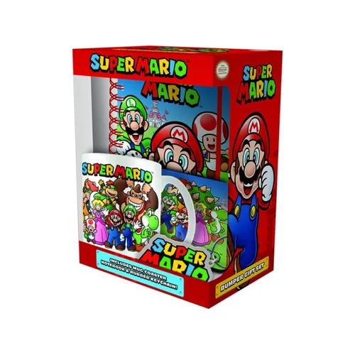 Super Mario Bumper Geschenkset - Thermobehälter mit 325ml Keramik Kaffeetasse, Notizbuch, Untersetzer & Schlüsselanhänger – das perfekte Geschenk für Nintendo-Fans, ideal für heiße Getränke und kreative Notizen.