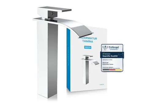 Bächlein Badarmatur Tamina - Wasserfall hoch, Chrom - Armatur für Waschbecken, mit elegantem Wasserfall-Strahl und flexiblen Anschlussschläuchen für einfache Montage.
