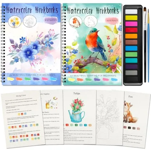 Elfew 2 Stück Aquarell Arbeitsbuch mit Wasserfarben,Aquarell für Erwachsene | 24 Seiten Tier und Blumen, Anfängerfreundliches Malset, 12 Farben, 200 GSM Papier, Aquarellbuch für Erwachsene, Kunsthandwerk