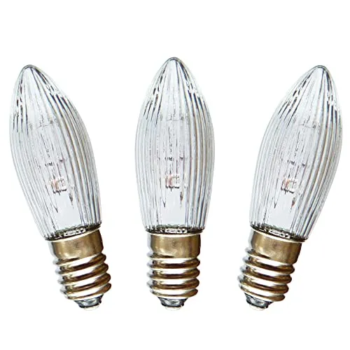 AUSWAHL 8V - 55V - netSells - 3er Set - 14V 3W Topkerze Riffelkerze Spitzschaftkerze - für Schwibbogen u. Lichterketten - für INNEN - für 16-17 Brennstellen - klar