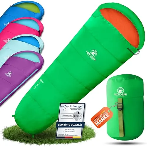 NORDBÄR® Kinderschlafsack für Jungs & Mädchen bis 145 cm - Mumienschlafsack für Kinder, leicht und warm mit 100% Baumwoll-Innenfutter, ideal für Camping und Reisen, kompaktes Design für maximale Platzersparnis!