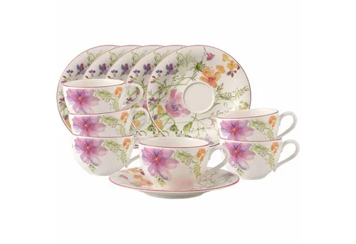 Villeroy & Boch Mariefleur Basic Frühstückstasse mit Untertasse 6er Set - Thermobehälter, 12-teiliges Set aus spülmaschinen- und mikrowellensicherem Porzellan, ideal für ein stilvolles Frühstück.