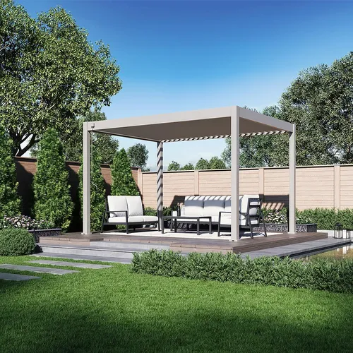 Deluxe Plus Pavillon Terrassenüberdachung Aluminium 3 x 4 M Ivory Sand - Moderne Aluminium-Pergola in Ivory Sand, 3 x 4 Meter. Mit verstellbaren Lamellen für individuellen Sonnenschutz und Belüftung. Stabil und langlebig – ideal für jeden Außenbereich.