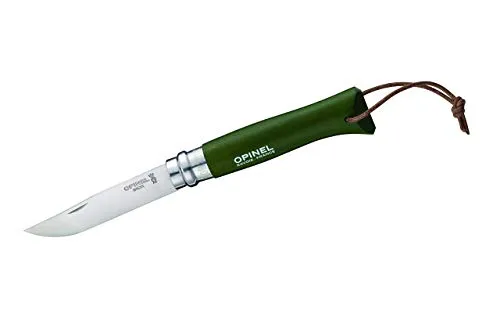 Opinel 1703 Messer Nr. 8 - rostfreier Sandvik Stahl 12C27 - Buchenholzgriff khaki - Lederriemen - Virobloc System