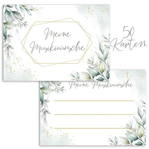 50x Musikwunschkarten Hochzeit Geburtstag Grün Aquarell Blätter A7 2 Seitig
