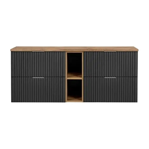 Lomadox Waschtisch-Unterschrank 140cm matt schwarz - Unterschrank fürs Bad mit 4 Softclose-Auszügen, modernes Design in matt schwarz mit Eiche Nb. für eleganten Stil und optimale Funktionalität.