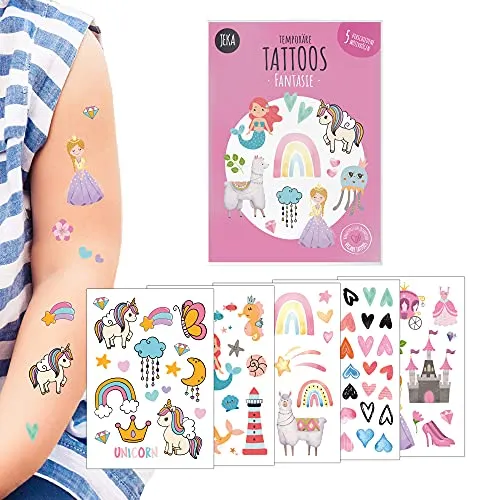 Hautfreundliche Kindertattoos zum Aufkleben - Motiv Fantasie, Kinder-Tattoo Set mit 5 Bögen, Einhorn Tattoos Kinder, Kindertattoos Mädchen, 100% Vegan und Hergestellt in Österreich, JEKA