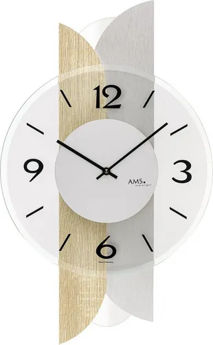 AMS Wanduhr W9667 - Elegante Holz-Wanduhr Made in Germany - Wohnaccessoires mit analoger Quarz-Anzeige, gefertigt aus hochwertigem Holz und ideal für jeden Raum. Stilvolles Design mit Aluminiumapplikationen und facettiertem Mineralglas.