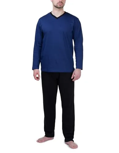 Produktbild Moonline Herren Schlafanzug lang aus 100% Baumwolle, V-Ausschnitt, blau, Größe: XXL