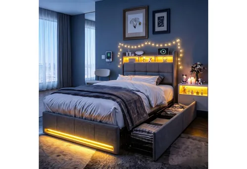 PXloue Polsterbett LED Doppelbett Stauraumbett, mit USB-Laden und Stauraum am Kopfteil,Leinen,90x200 cm