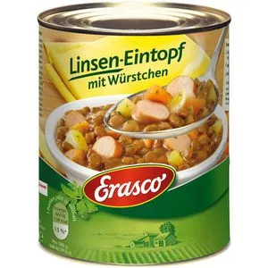Erasco Linsen-Eintopf mit Würstchen, 800g - Sonstige Speisen, herzhaft und glutenfrei, ideal für eine schnelle, unkomplizierte Mahlzeit ohne Zusatzstoffe