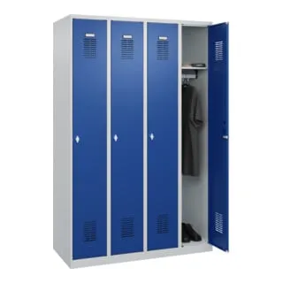 CP-Möbel Spind Basis PLUS, blau, 4 Abteile mit Drehriegelschloss - Regale & Schränke: Robuster Spind mit 4 Abteilen, ideal für Schulen und Sporteinrichtungen, inklusive hochwertigem Drehriegelschloss für Sicherheit und praktische Lüftungsschlitze.