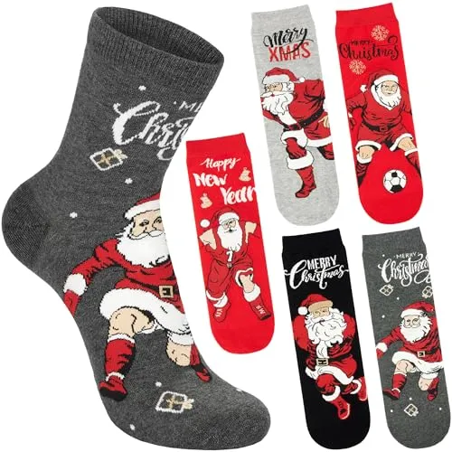 BRUBAKER 5 Paar Weihnachtssocken - Fußballspieler Weihnachtsmann - Lustige Herren Socken für Weihnachten & Nikolaus - Bunte Baumwollsocken - Fußball Geschenk für Männer - Größe 41-45