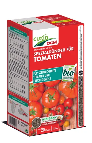 CUXIN DCM Tomatendünger mit MINIGRAN® TECHNOLOGY - 1,5KG für 20 Pflanzen - Spezialdünger für Tomaten mit hohem Kaliumgehalt für saftige Früchte. Die MINIGRAN® TECHNOLOGY sorgt für gleichmäßige Nährstoffversorgung und einfache Handhabung. Ideal für den biologischen Gartenbau.