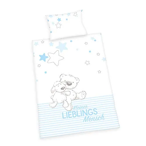 Herding Baby Best Bio-Bettwäsche-Set, GOTS-zertifiziert, Wendemotiv, Kopfkissenbezug 40 x 60 cm mit Hoteleinschlag, Bettbezug 100 x 135 cm mit Knopfleiste, Baumwolle/Flanell, Blau