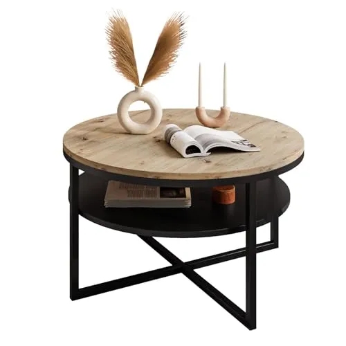 Lukmebel Couchtisch rund CIRI-X - Beistelltisch in Schwarz/Artisan Eiche - Beistelltisch fürs Wohnzimmer mit praktischem Regal und modernem Design. Ideal für kleine Räume, pflegeleicht und vielseitig einsetzbar als Kaffeetisch oder Pflanzentisch.