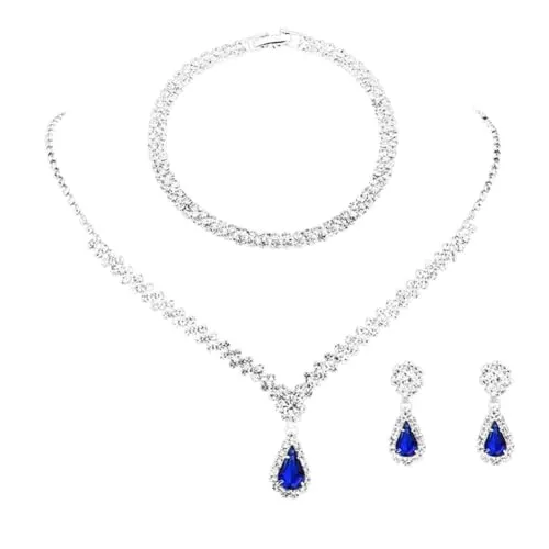 FDEETY Schmuckset Strass Halskette Armband Ohrringe Sets Prom Kostüm Schmuck Set Braut Hochzeit Party für Frauen und Mädchen(Blau)