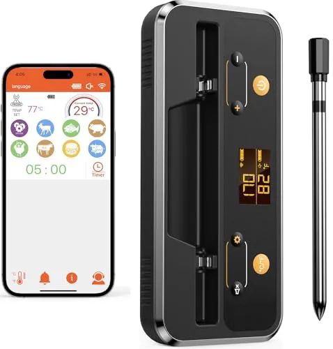 Fleischthermometer Kabellos, Apkezel Bluetooth Grillthermometer - Bratenthermometer mit 152 m Bluetooth-Reichweite, IP67 wasserdicht und intelligenter App für präzise Temperaturkontrolle und Benachrichtigungen beim Grillen.