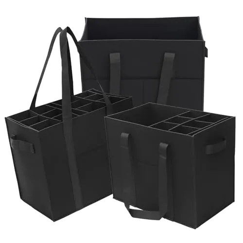 Wusboo Filz Flaschentasche Einkaufstasche, 3er Set Filztasche Groß, Faltbare Tragetaschen mit 2 Flaschenfächern für Einkaufen, Ausflüge, Picknick und Aufbewahrung (Schwarz)