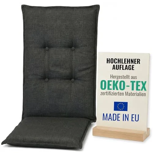 Pillows24 – Hochlehner Auflage 120x50x6 cm | Gartenstuhl Sitzkissen mit Befestigungsbändern | UV-beständig & bequem gepolstert | Sitzpolster für Gartenmöbel & Klappsessel | Grau