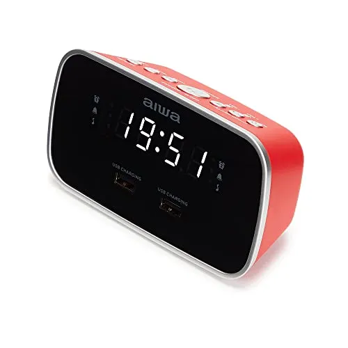 Aiwa CRU-19RD Digitaler Wecker mit Radio und USB-Ladeanschlüssen - Stylischer Radiowecker mit elegantem Soft-Touch-Design, Doppelalarm und zwei USB-Anschlüssen zum gleichzeitigen Laden von Geräten. Ideal für ein kompaktes Schlafzimmer.