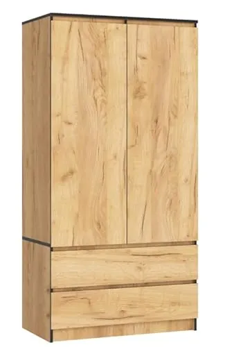 BDW Kleiderschränk 2 Türen, 4 Einlegeböden, Kleiderständer, 2 Schubladen, Garderobenständer, Schubladenschrank, Garderobenschrank für Schlafzimmer, Wohnräume, 180x90x51cm, (Eiche Craft)