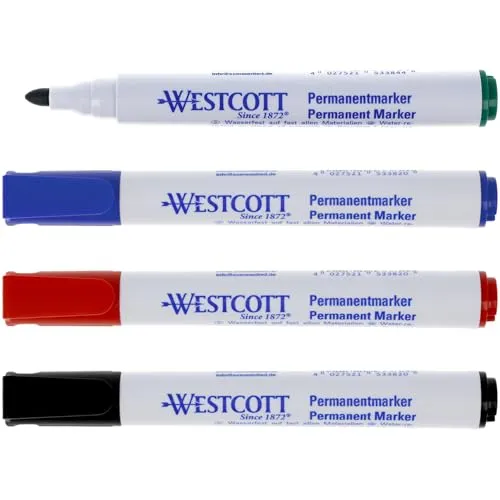 Westcott Permanent Marker Schwarz, Rot, Blau, Grün | 4er Set wasserfeste Marker Stifte | 1,5-3,0 mm Rundspitze | Nachfüllbar, lichtbeständig, schnell trocknend, wischfest | E-713009 00